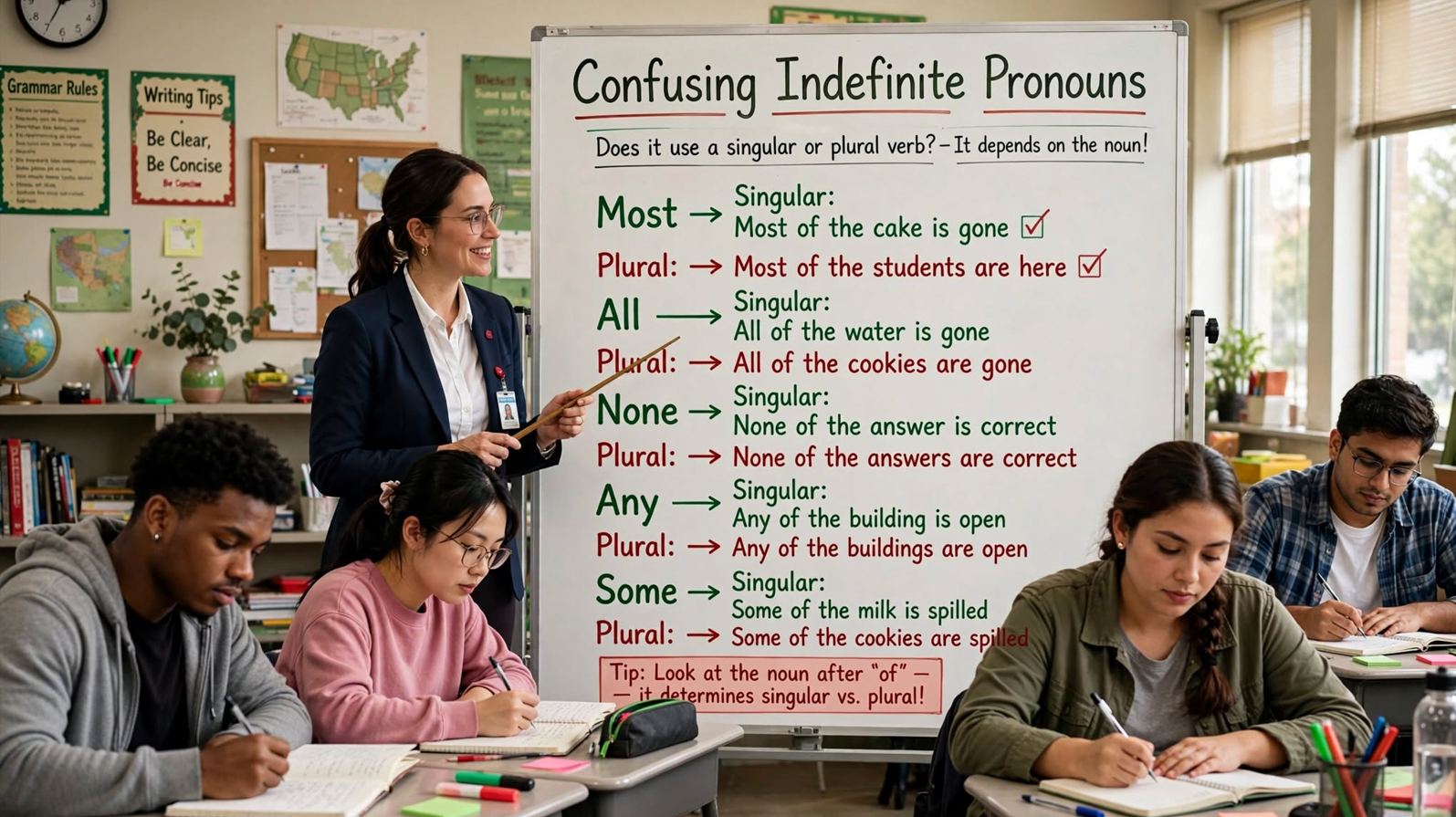 Teacher explaining confusing indefinite pronouns on a classroom whiteboard showing when to use singular and plural verbs with examples for most, all, none, any, and some.