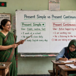 Teacher explaining difference between present simple and present continuous tenses on a classroom whiteboard with example sentences.