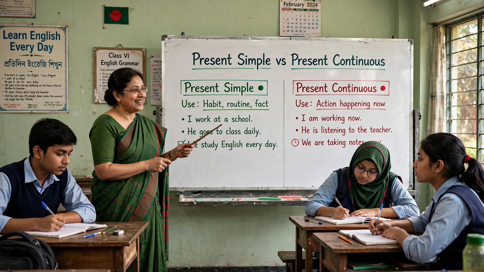 Teacher explaining difference between present simple and present continuous tenses on a classroom whiteboard with example sentences.