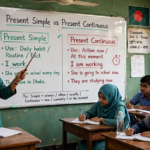 Teacher explaining difference between present simple and present continuous tenses on a classroom whiteboard with example sentences