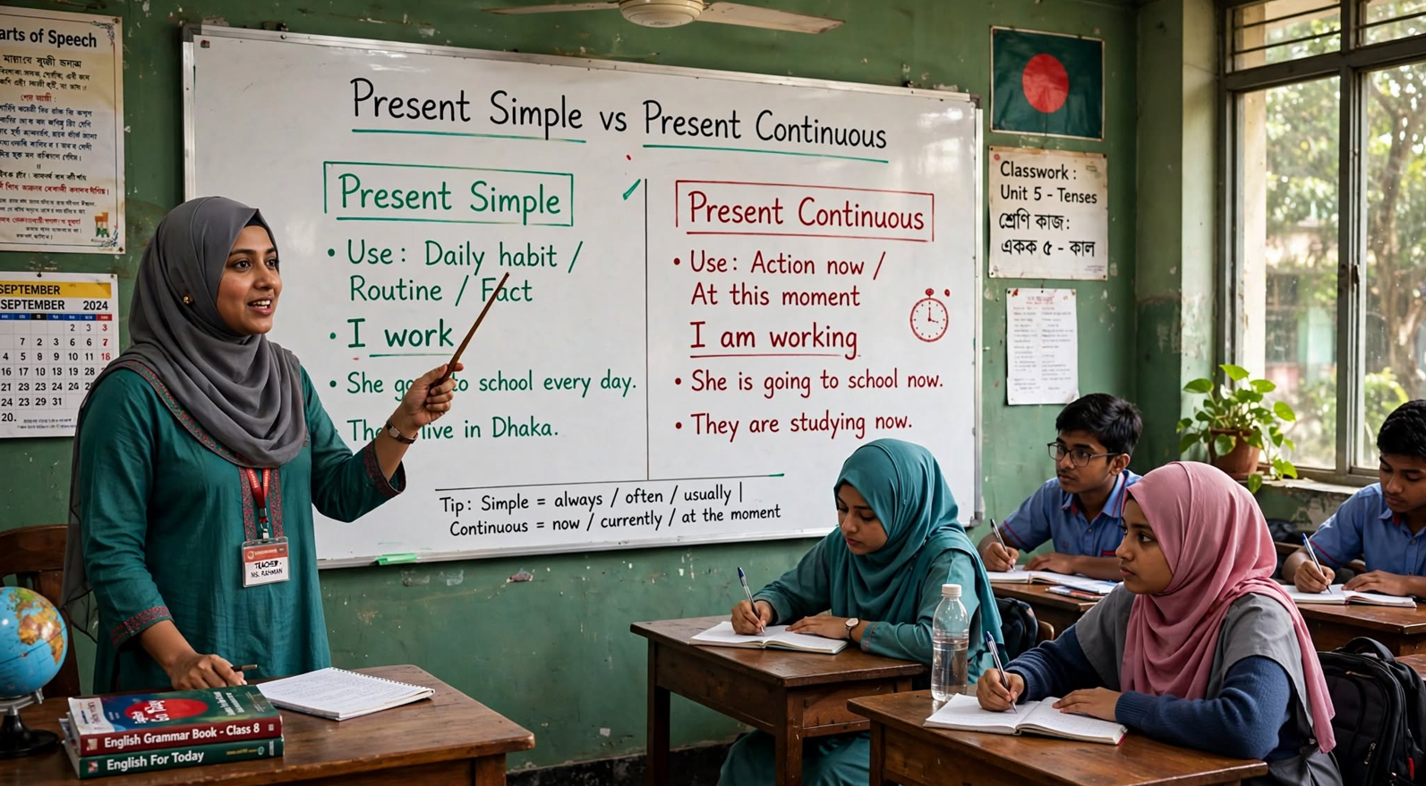 Teacher explaining difference between present simple and present continuous tenses on a classroom whiteboard with example sentences