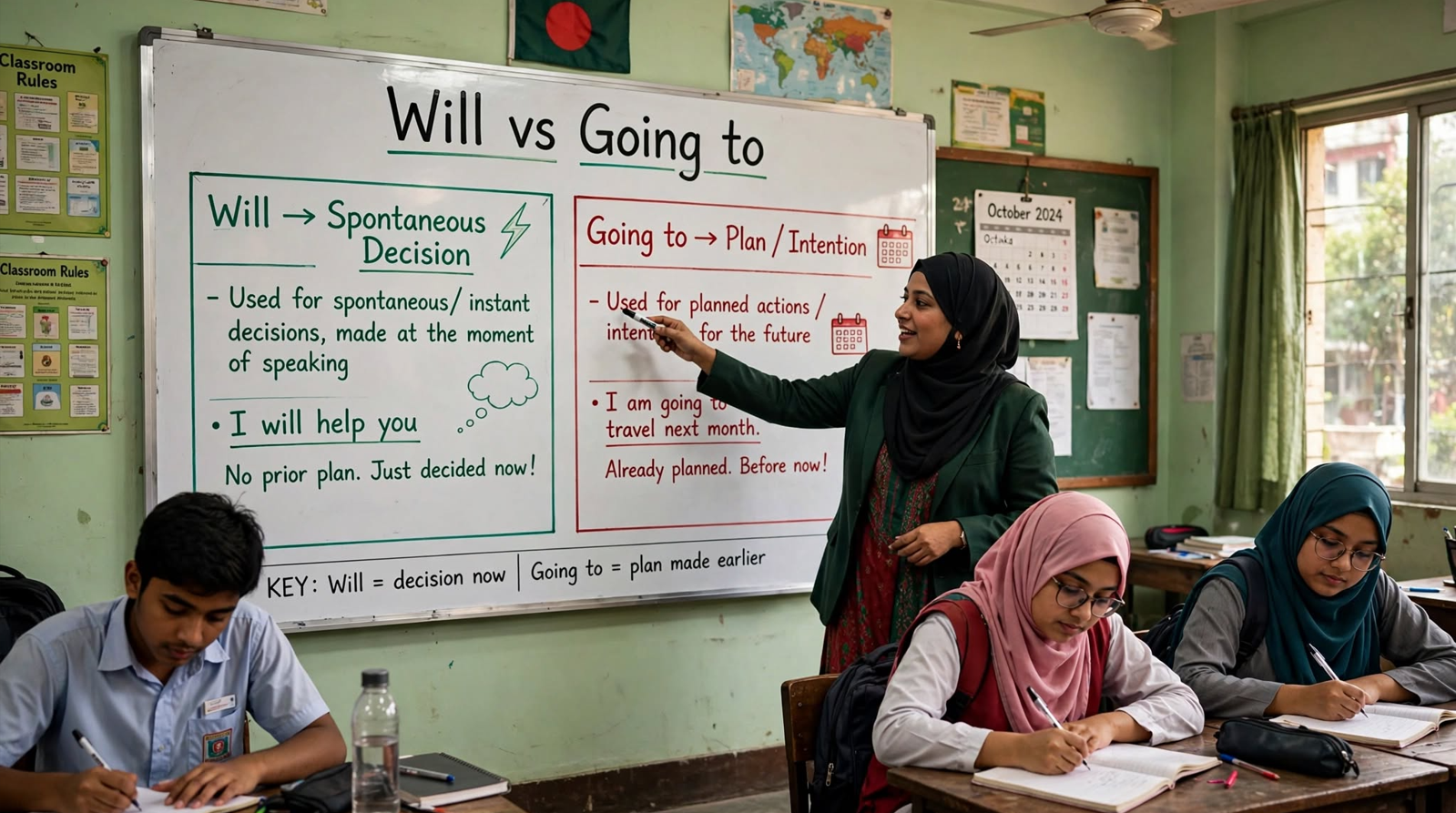 Teacher explaining difference between will and going to on a classroom whiteboard with example sentences for planned and unplanned future actions
