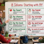 Teacher explaining eight idioms starting with by on a classroom whiteboard with icons and definitions for each expression