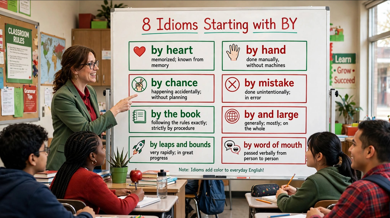 Teacher explaining eight idioms starting with by on a classroom whiteboard with icons and definitions for each expression
