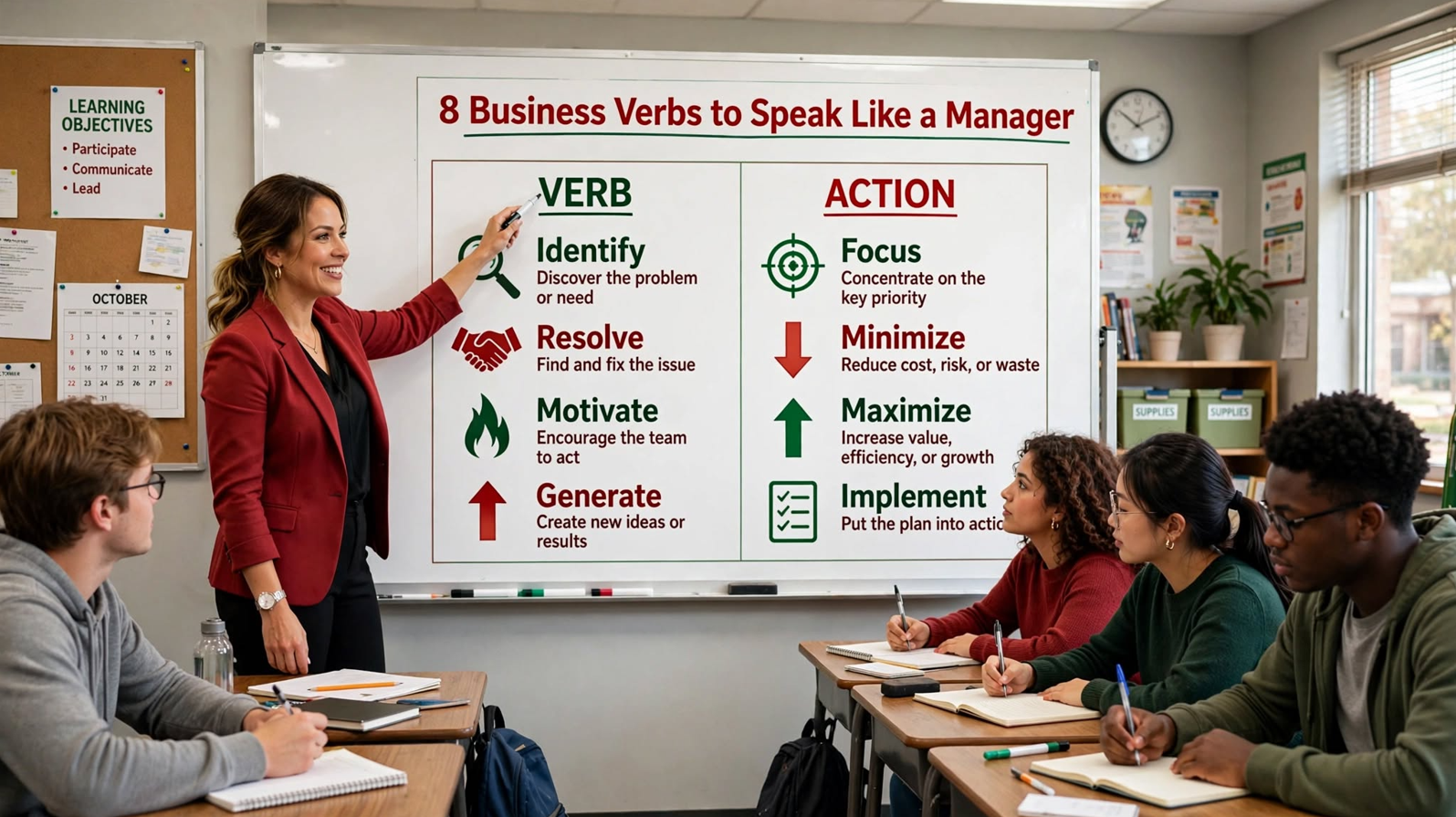 Teacher explaining eight powerful business verbs—identify, resolve, motivate, generate, focus, minimize, maximize, implement—on a classroom whiteboard with icons and examples for professional English.