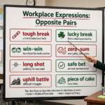 Teacher explaining eight workplace expressions in opposite pairs on a classroom whiteboard showing tough break, lucky break, win-win situation, zero-sum game, long shot, safe bet, uphill battle, and piece of cake.