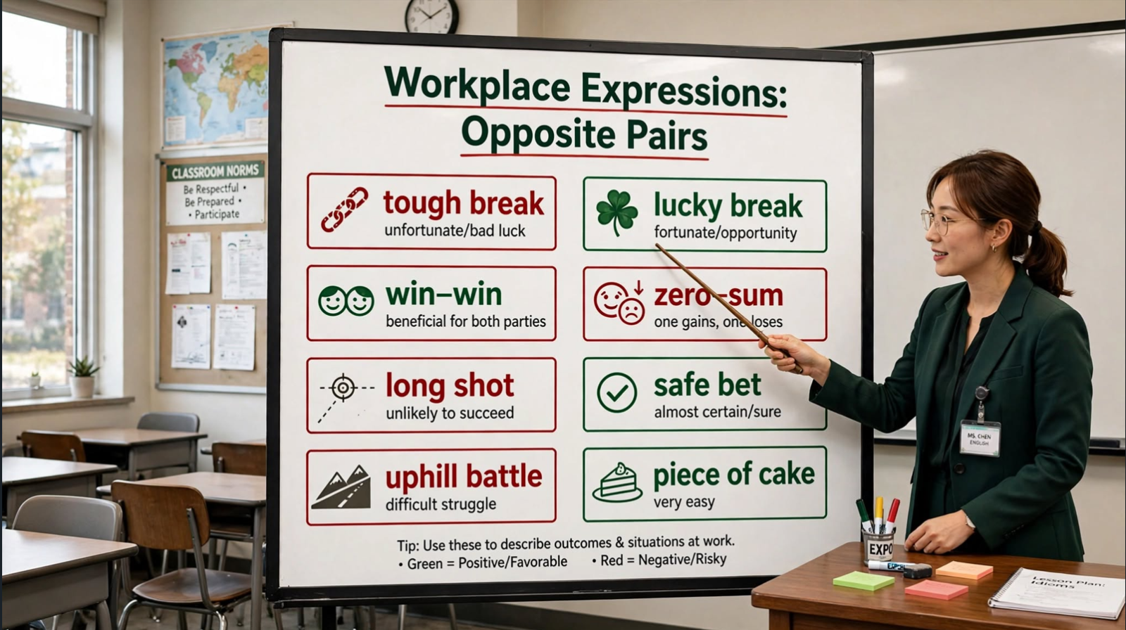 Teacher explaining eight workplace expressions in opposite pairs on a classroom whiteboard showing tough break, lucky break, win-win situation, zero-sum game, long shot, safe bet, uphill battle, and piece of cake.