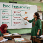 Teacher explaining food pronunciation on classroom whiteboard with phonetic spellings for words like pizza, salmon, and dessert.