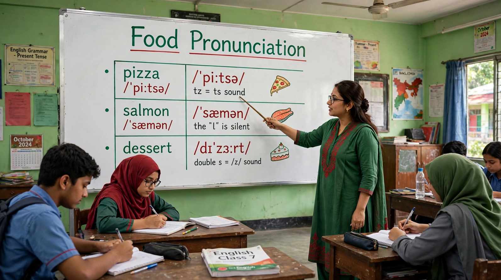 Teacher explaining food pronunciation on classroom whiteboard with phonetic spellings for words like pizza, salmon, and dessert.