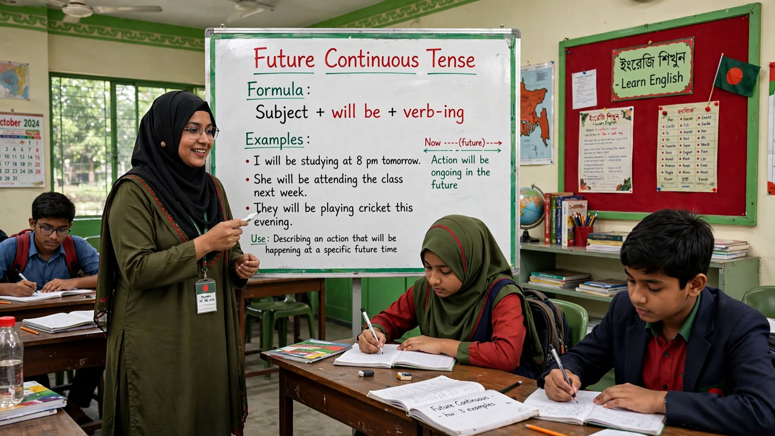 Teacher explaining future continuous tense formula and examples on a classroom whiteboard with will be and verb-ing structure