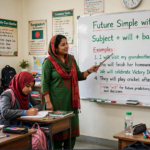Teacher explaining future simple tense with will on classroom whiteboard showing formula and example sentences
