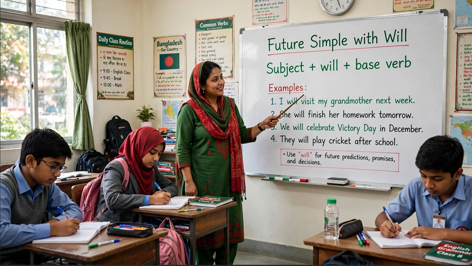Teacher explaining future simple tense with will on classroom whiteboard showing formula and example sentences
