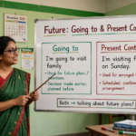 Teacher explaining future with going to and present continuous on classroom whiteboard with example sentences for planned actions