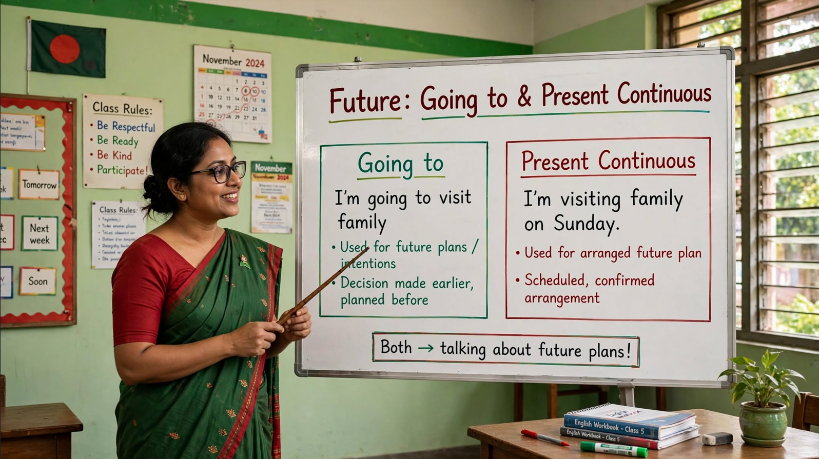 Teacher explaining future with going to and present continuous on classroom whiteboard with example sentences for planned actions