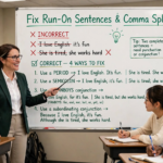 Teacher explaining how to fix run-on sentences and comma splices on a classroom whiteboard with four correction methods and example sentences