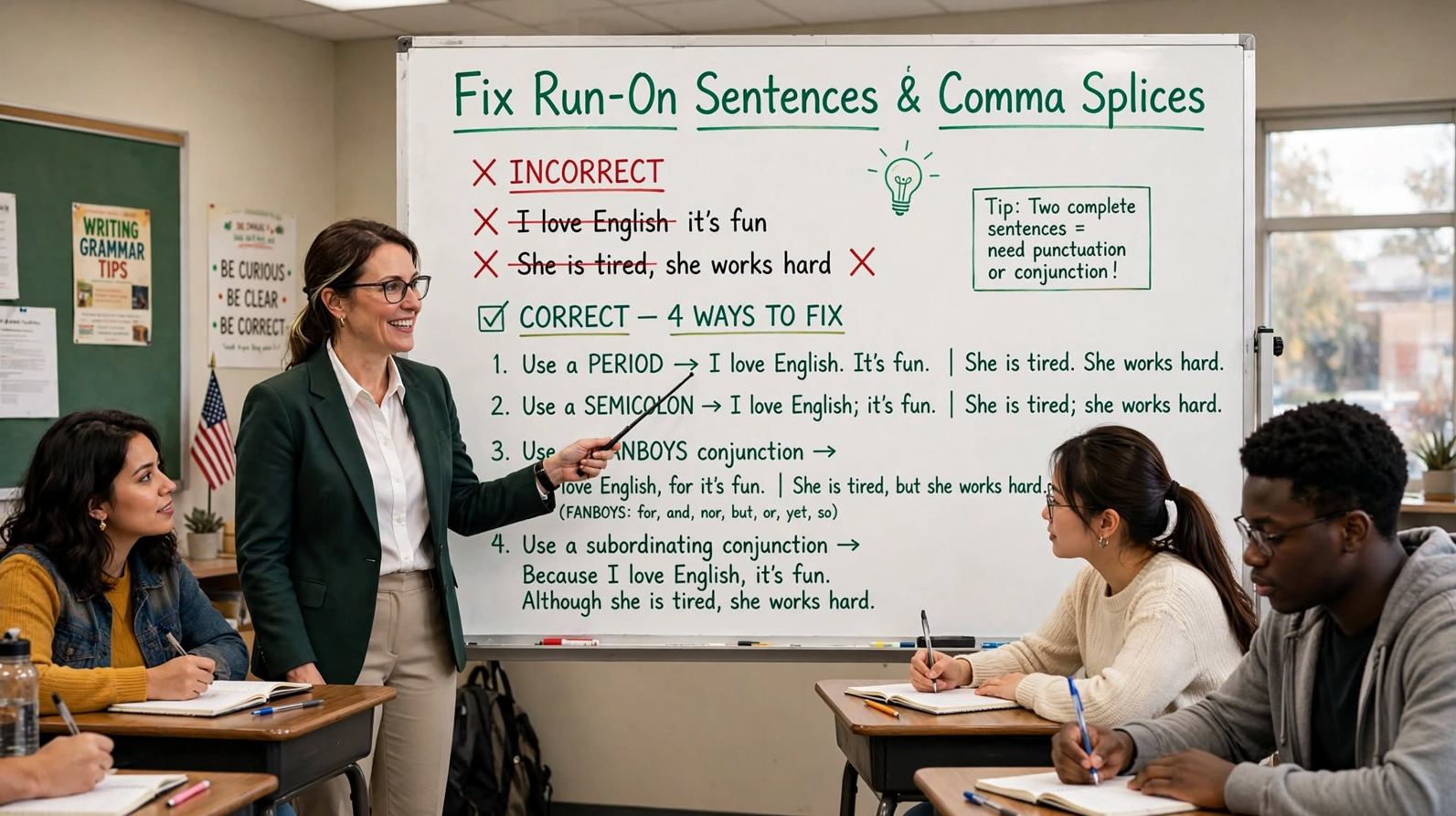 Teacher explaining how to fix run-on sentences and comma splices on a classroom whiteboard with four correction methods and example sentences