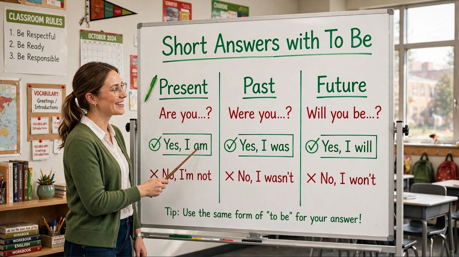 Teacher explaining how to give short answers with the verb to be in present, past, and future tenses on a classroom whiteboard