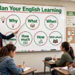 Teacher explaining how to plan English learning with seven key questions on a whiteboard showing motivation, goals, time, place, budget, and method.