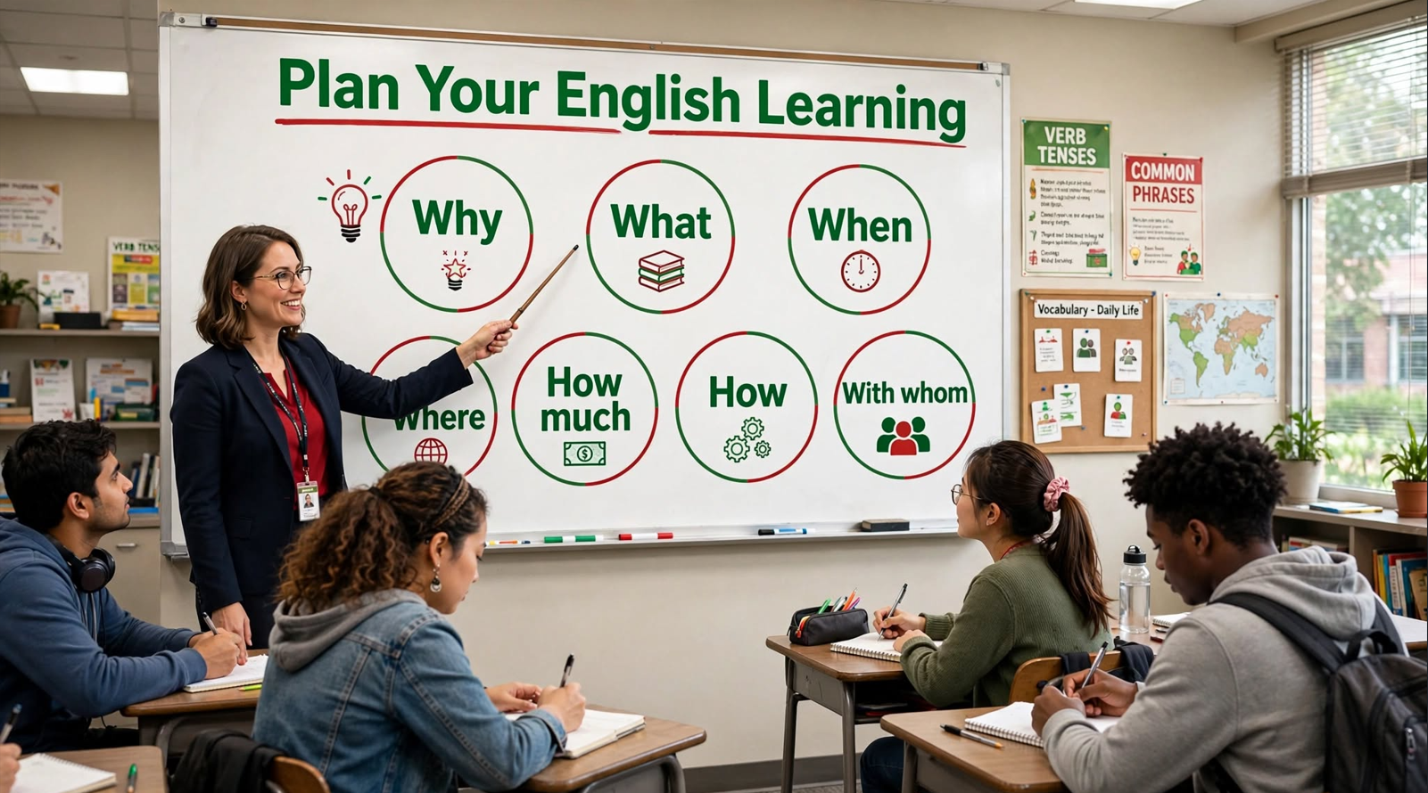 Teacher explaining how to plan English learning with seven key questions on a whiteboard showing motivation, goals, time, place, budget, and method.