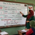 Teacher explaining how to say email addresses in English on a classroom whiteboard showing symbols and their correct English names like at, dot, and underscore