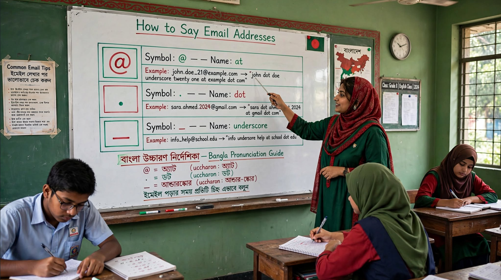 Teacher explaining how to say email addresses in English on a classroom whiteboard showing symbols and their correct English names like at, dot, and underscore