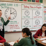 Teacher explaining how to tell time in English on a classroom whiteboard with an analog clock showing 215 and examples of time expressions