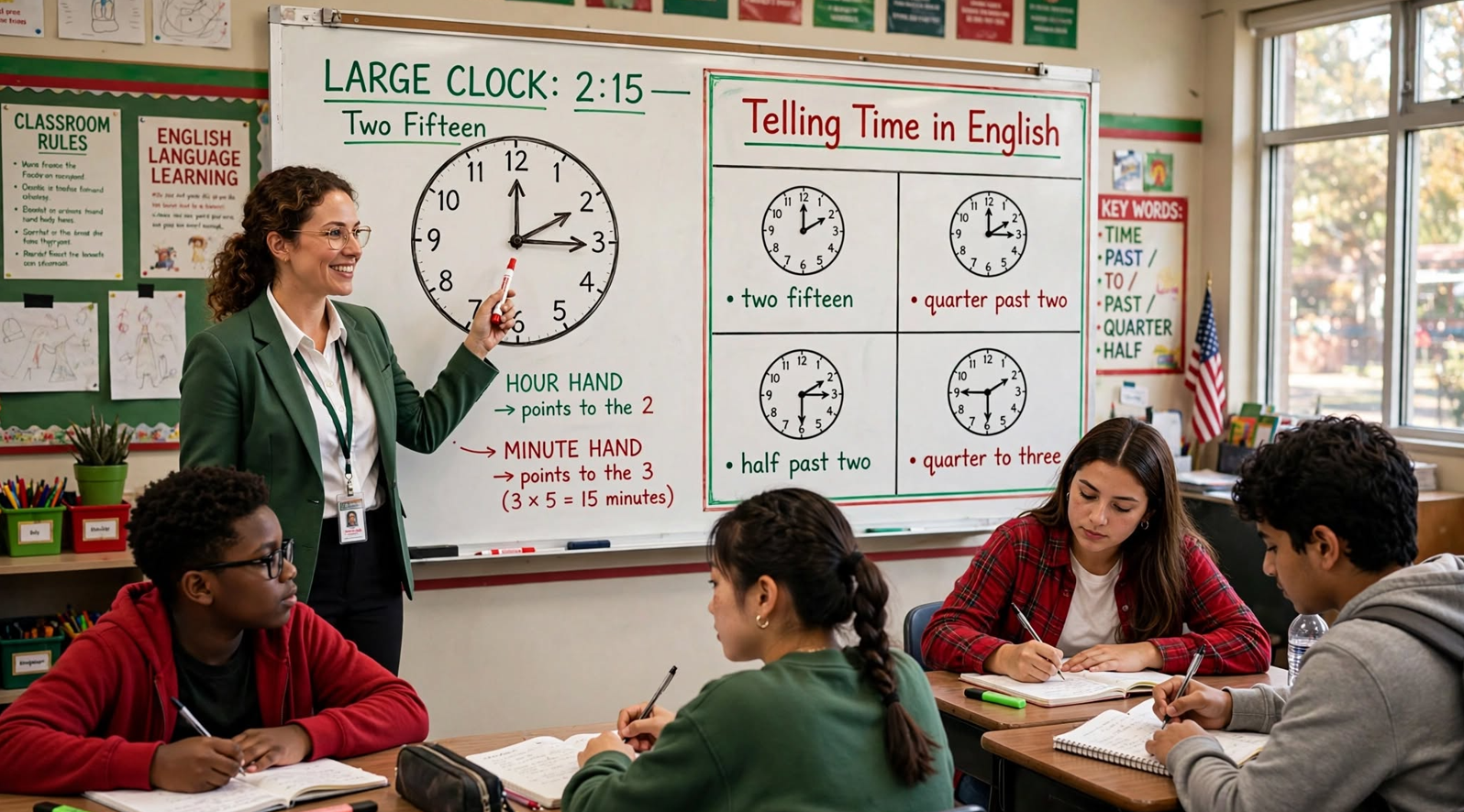 Teacher explaining how to tell time in English on a classroom whiteboard with an analog clock showing 215 and examples of time expressions