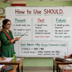 Teacher explaining how to use should in English on a classroom whiteboard showing examples for present, past, and future tenses with positive and negative forms
