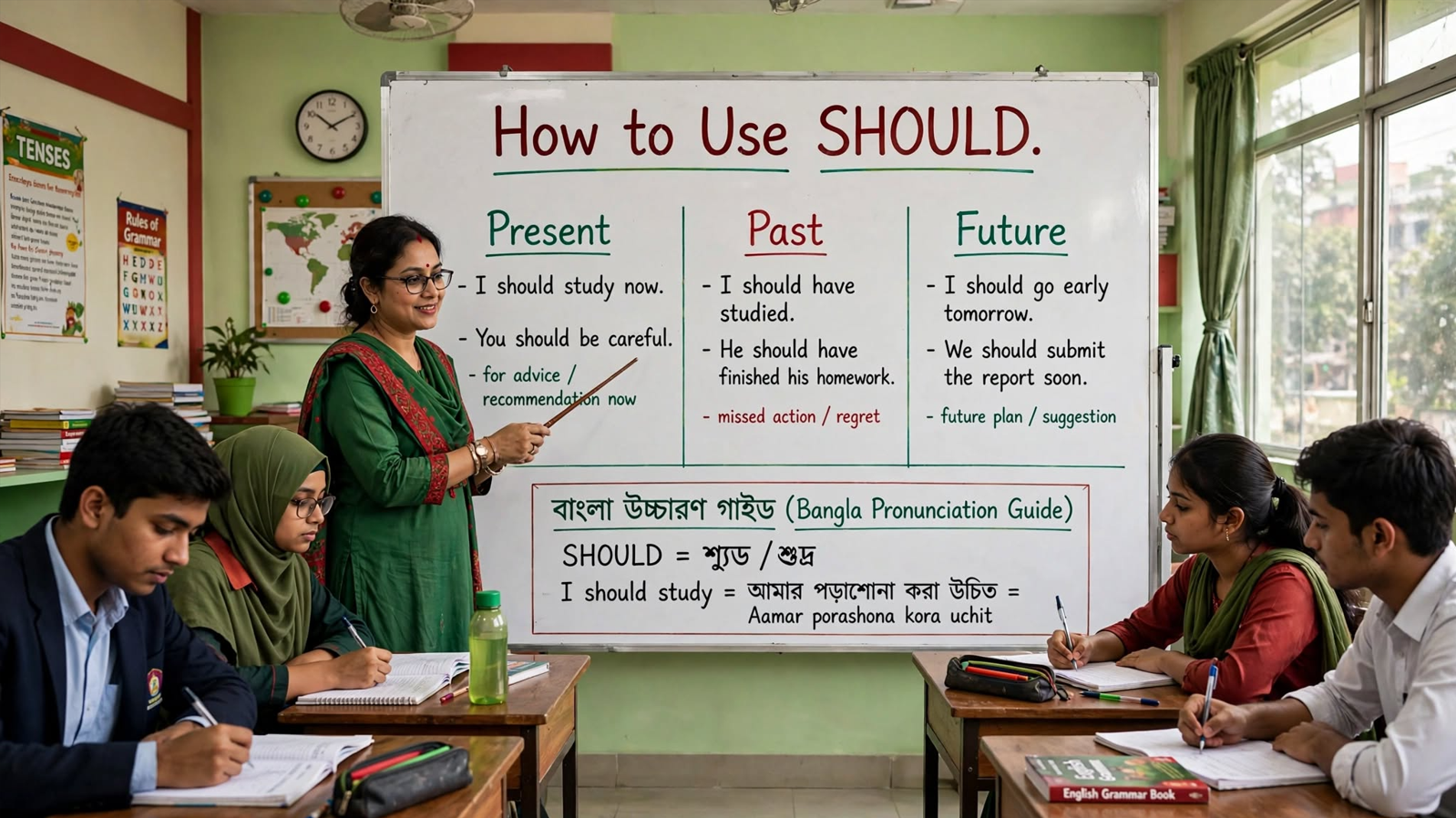 Teacher explaining how to use should in English on a classroom whiteboard showing examples for present, past, and future tenses with positive and negative forms