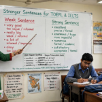 Teacher explaining how to write stronger sentences for TOEFL and IELTS writing on a classroom whiteboard showing weak and strong sentence examples