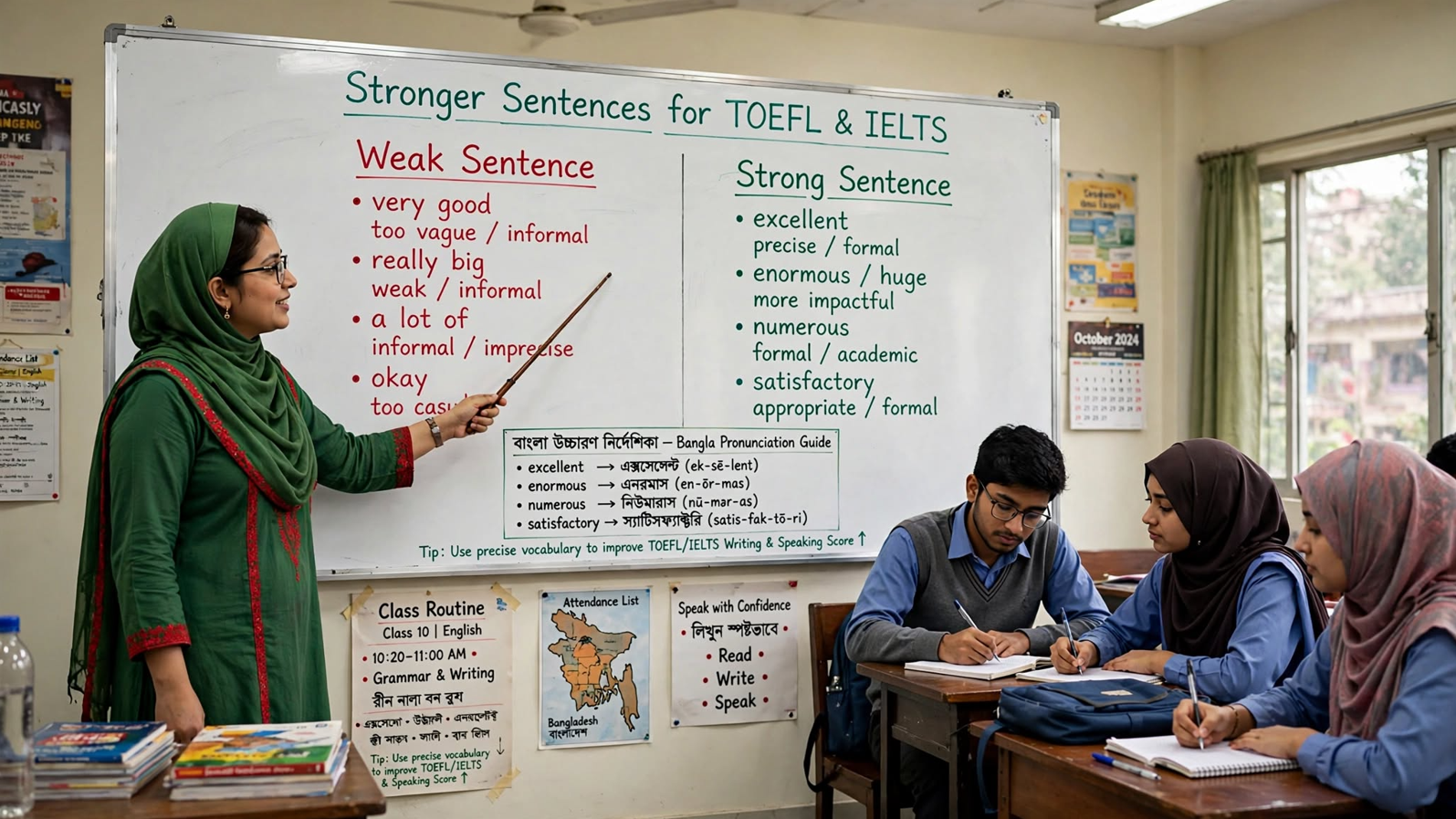 Teacher explaining how to write stronger sentences for TOEFL and IELTS writing on a classroom whiteboard showing weak and strong sentence examples