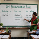 Teacher explaining on pronunciation rules on classroom whiteboard showing three columns for beginning, middle, and end of words with examples.