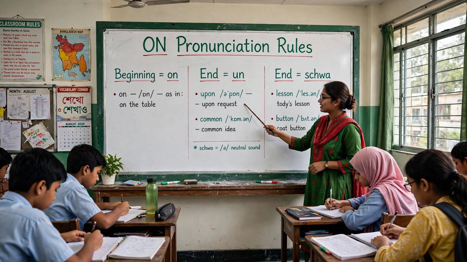Teacher explaining on pronunciation rules on classroom whiteboard showing three columns for beginning, middle, and end of words with examples.