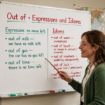 Teacher explaining out of expressions and idioms on a classroom whiteboard with examples of phrases like out of milk, out of work, out of touch, and out of nowhere