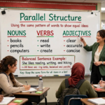 Teacher explaining parallel structure on a classroom whiteboard with balanced noun, verb, and adjective columns and example sentences