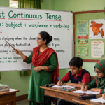 Teacher explaining past continuous tense formula and examples on a classroom whiteboard with was were and verb-ing structure