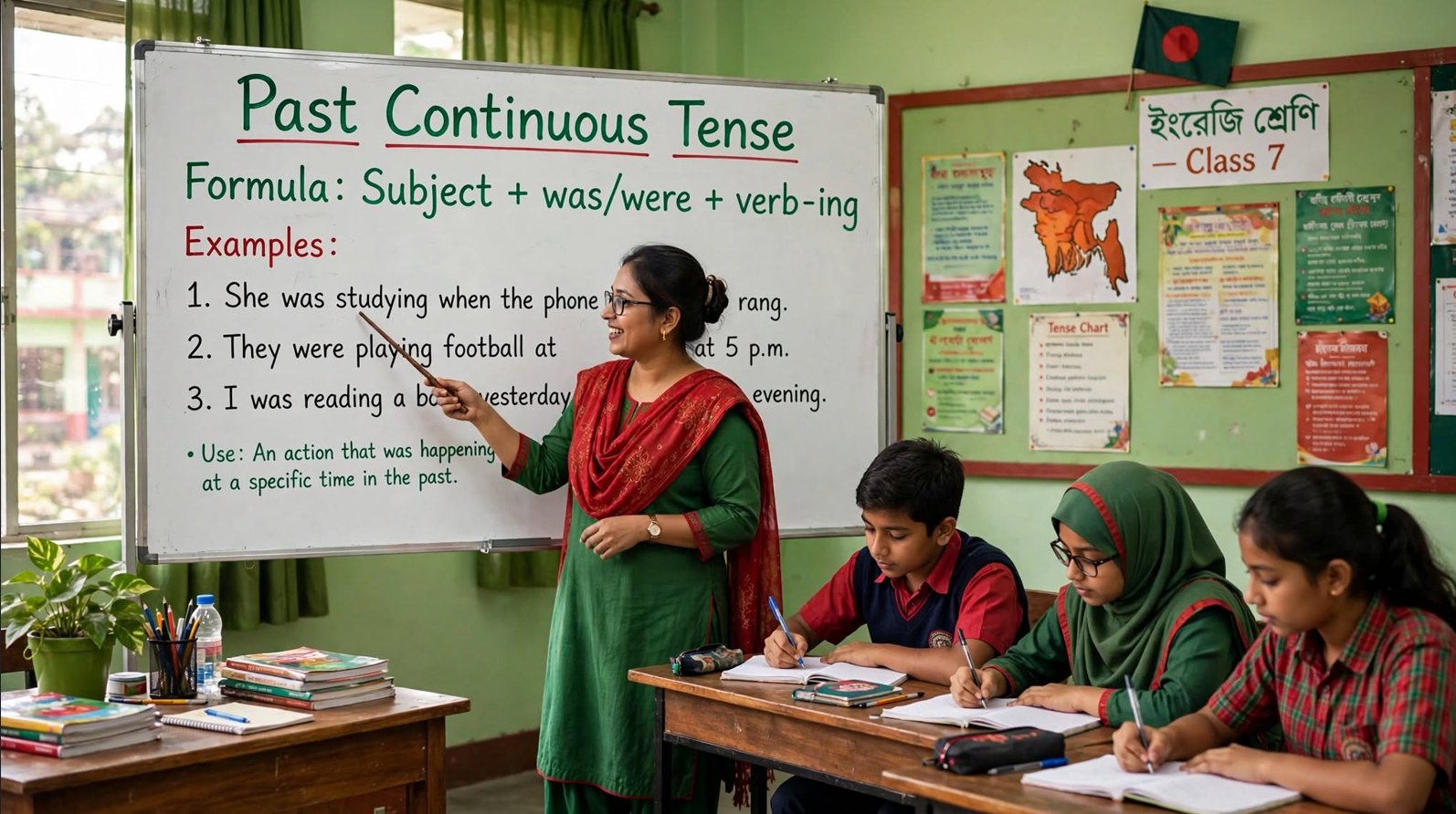Teacher explaining past continuous tense formula and examples on a classroom whiteboard with was were and verb-ing structure