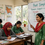 Teacher explaining past simple tense formula and examples on a classroom whiteboard with regular and irregular verb structures