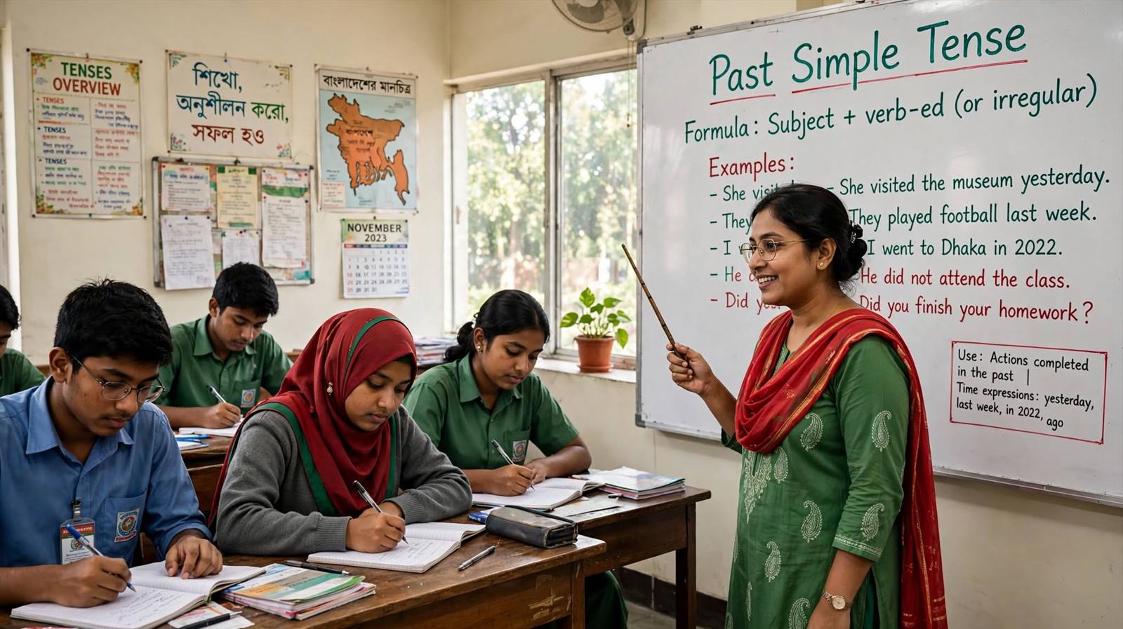 Teacher explaining past simple tense formula and examples on a classroom whiteboard with regular and irregular verb structures