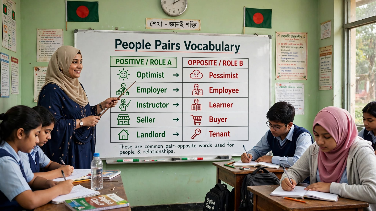 Teacher explaining people pairs vocabulary on classroom whiteboard with examples for describing different types of people in English