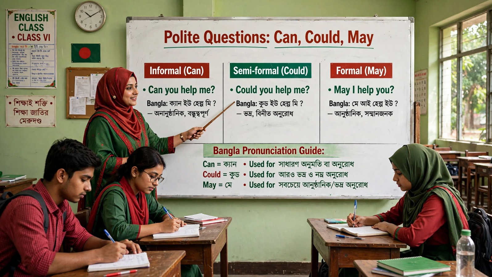 Teacher explaining polite questions with can, could, and may on a classroom whiteboard showing formal, semi-formal, and informal usage with example sentences