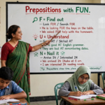 Teacher explaining prepositions with fun diagnostic method on classroom whiteboard showing the F U N acronym and preposition examples