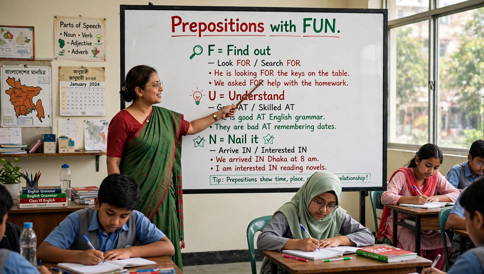 Teacher explaining prepositions with fun diagnostic method on classroom whiteboard showing the F U N acronym and preposition examples