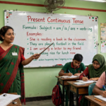Teacher explaining present continuous tense formula and examples on a classroom whiteboard with am is are and verb-ing structure