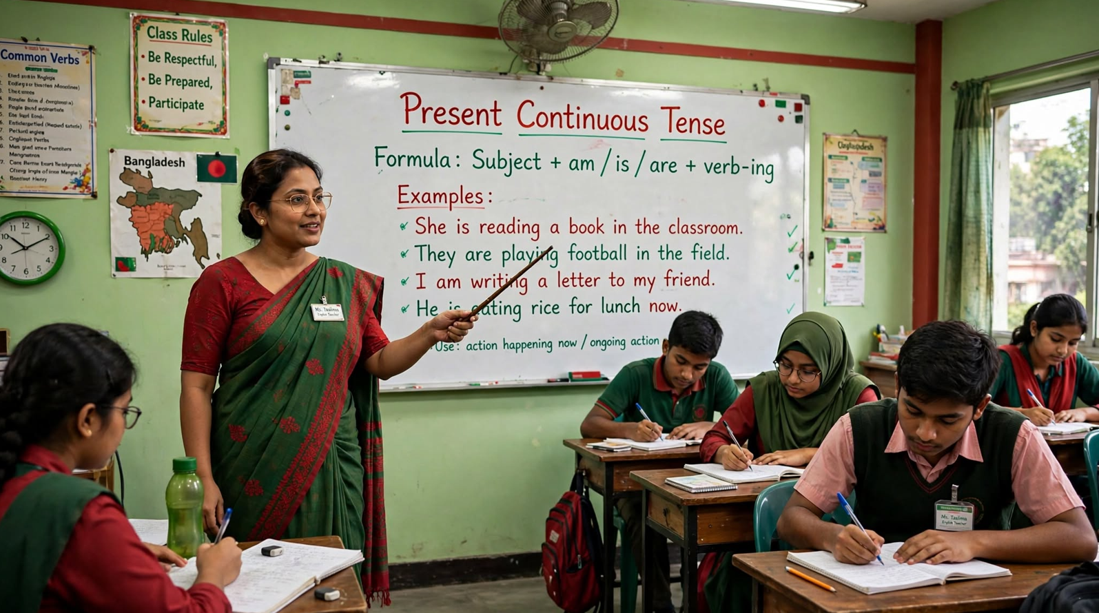 Teacher explaining present continuous tense formula and examples on a classroom whiteboard with am is are and verb-ing structure