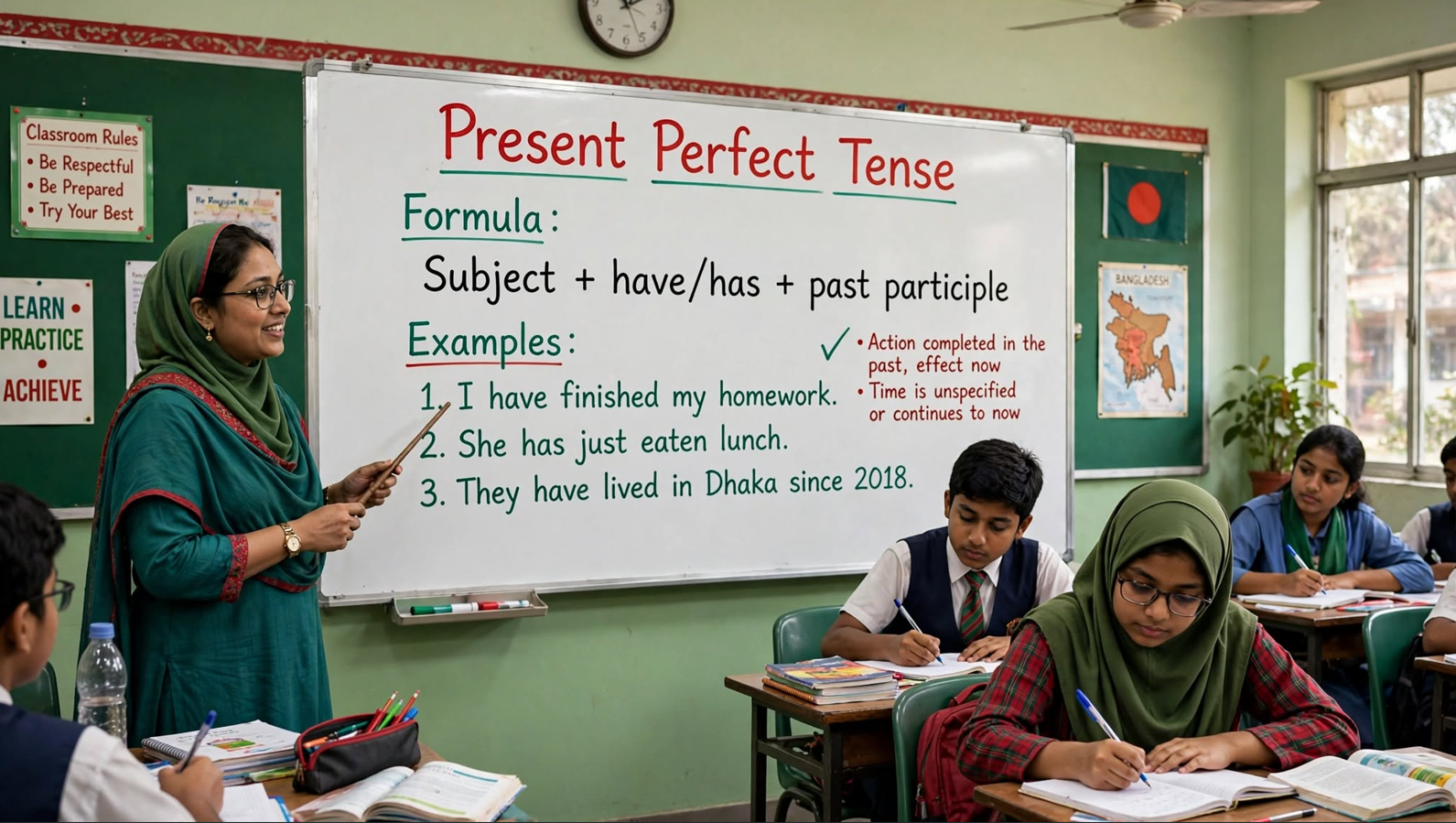 Teacher explaining present perfect tense formula and examples on a classroom whiteboard with have has and past participle structure