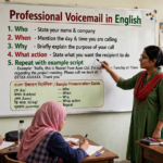 Teacher explaining professional voicemail etiquette on a classroom whiteboard showing five key steps for leaving an effective business voicemail