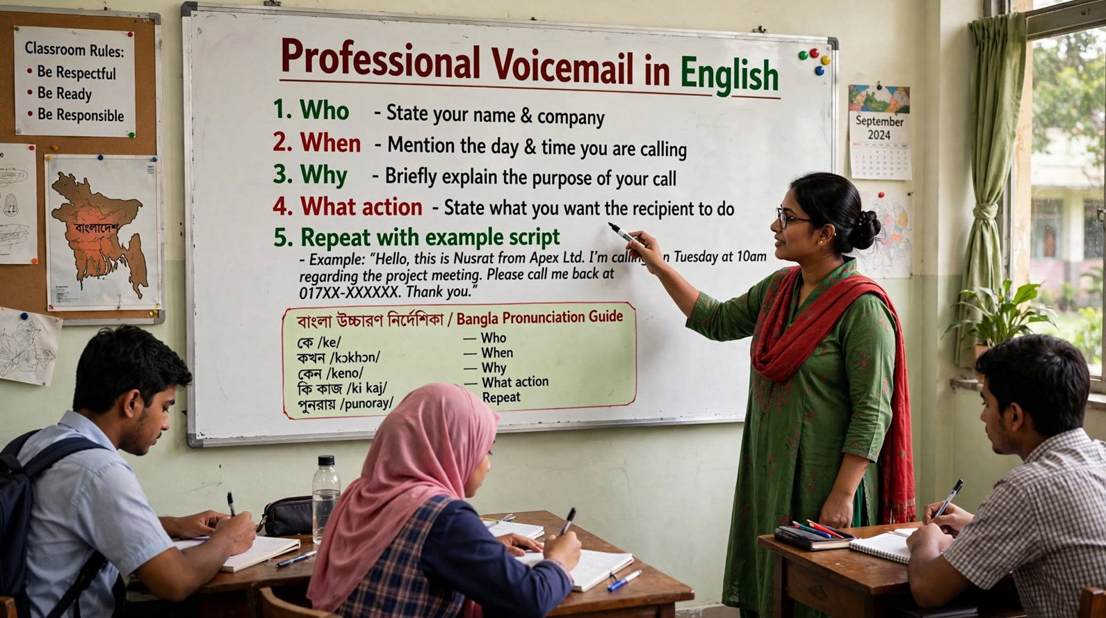 Teacher explaining professional voicemail etiquette on a classroom whiteboard showing five key steps for leaving an effective business voicemail