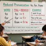 Teacher explaining reduced pronunciation of to, for, and from on a classroom whiteboard with examples of connected speech