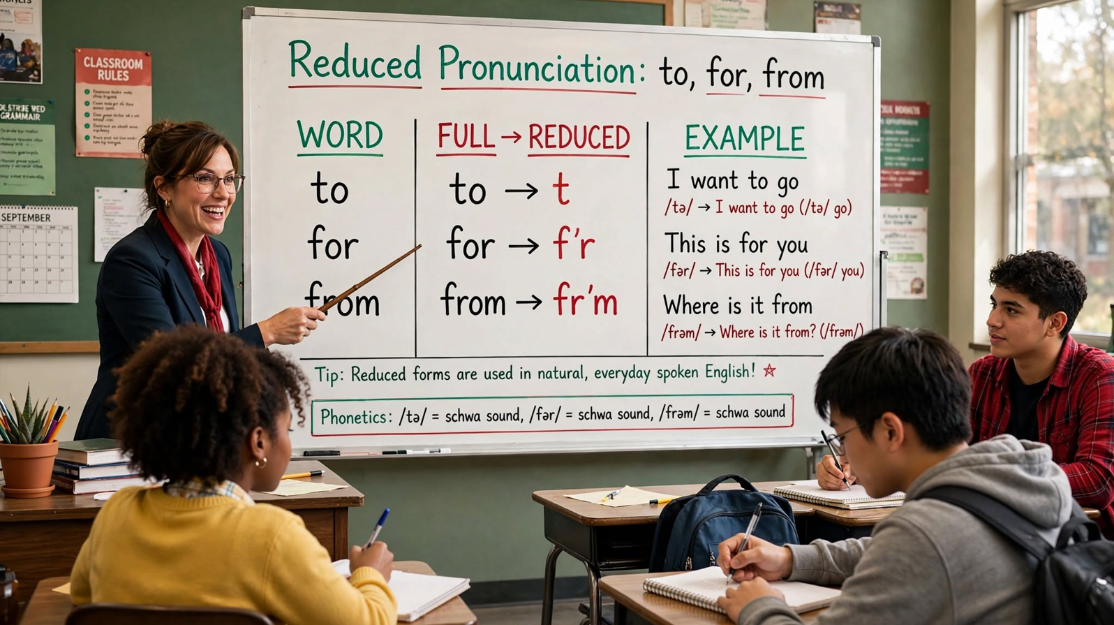 Teacher explaining reduced pronunciation of to, for, and from on a classroom whiteboard with examples of connected speech